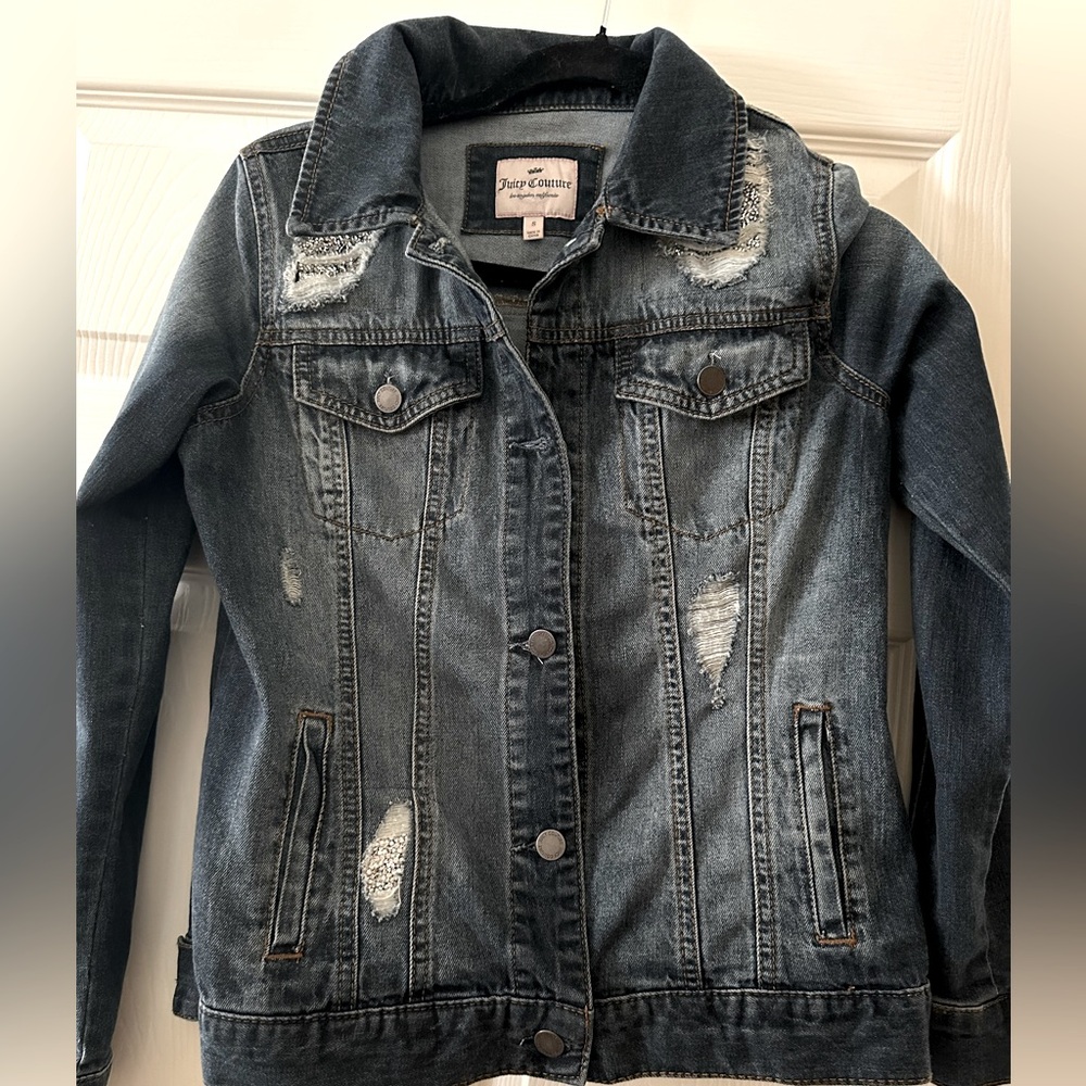 Juicy Couture Jean Jacket with silver in ripped design.  Size Small